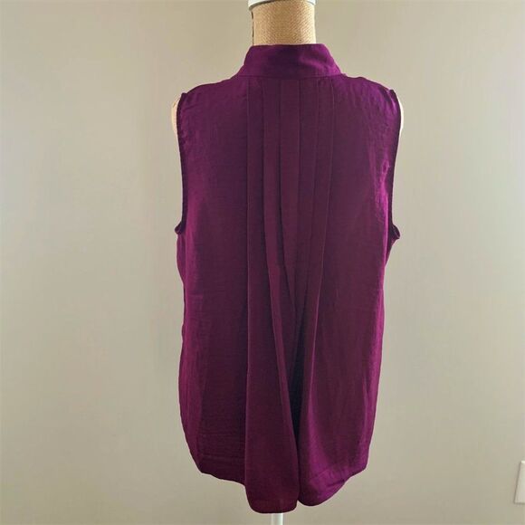 Banana Republic Women Top Petite Size PL Purple Tie Collar Sleeveless Office - Picture 5 of 8